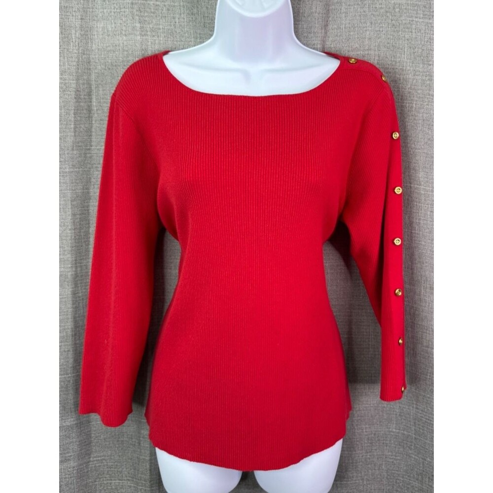 Charter Club 3/4 Sleeve Ribbed Knit Sweater Women's Size XL Red Gold Buttons